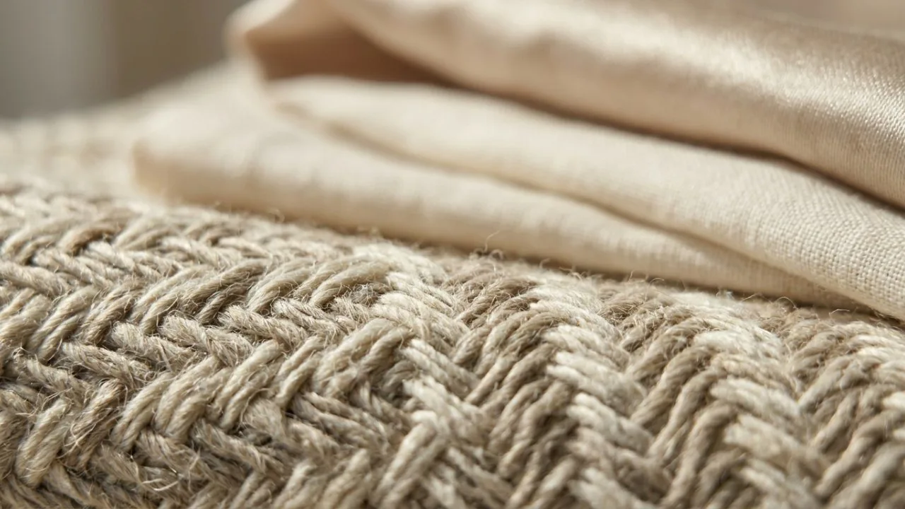 Macro view of warp and weft yarns in a twill weave woven fabric